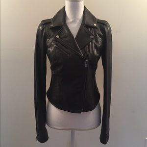 Black Rivet Asymmetrical Leather Cycle Jacket w/Notch Collar, Black, XS